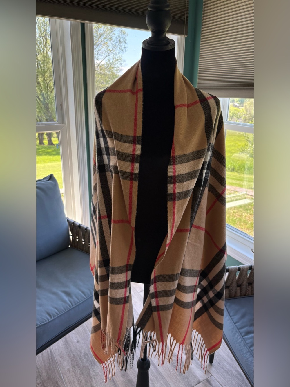 Classic Plaid Fringe Scarf Wrap in Camel, Black and Red